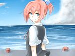  1girl blue_eyes blue_sky commentary_request day hair_between_eyes hair_ornament highres kantai_collection looking_at_viewer looking_back neck_ribbon ocean pier pink_hair ponytail red_neckwear red_ribbon revision ribbon school_uniform shiranui_(kantai_collection) shirt short_hair short_ponytail sky smile solo vest water white_shirt wind 