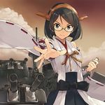  bare_shoulders black_eyes black_hair detached_sleeves glasses green-framed_eyewear hairband headgear japanese_clothes kantai_collection kirishima_(kantai_collection) konishi_(koconatu) looking_at_viewer machinery nontraditional_miko official_art orange_hairband outstretched_arm remodel_(kantai_collection) ribbon-trimmed_sleeves ribbon_trim short_hair skirt solo turret 