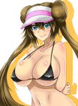  arms_behind_back bare_shoulders bikini bikini_top black_bikini blue_eyes blush breasts brown_hair closed_mouth collarbone covered_nipples double_bun hair_between_eyes hat highres large_breasts lips long_hair mei_(pokemon) midriff navel pokemon pokemon_(game) pokemon_bw2 silhouette simple_background skindentation solo stomach strap_gap swimsuit takecha tareme twintails upper_body very_long_hair visor_cap white_background white_hat 