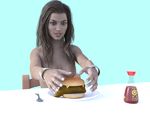  3d areolae breasts brown_eyes brown_hair caucasian cheese commentary digimonforever english_commentary food fork hamburger long_hair medium_breasts nipples non-asian nude original photorealistic plate render scat self_upload solo soy_sauce wavy_hair 