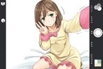  blush bow brown_hair camera green_eyes mikkii original pajamas phone photoshop short_hair waifu2x 