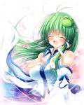  bare_shoulders blush breasts closed_eyes detached_sleeves frog_hair_ornament green_hair hair_ornament hand_on_own_chest highres kochiya_sanae large_breasts long_hair long_sleeves navel open_mouth osashin_(osada) petals shirt smile snake_hair_ornament solo touhou upper_body very_long_hair wide_sleeves wind 