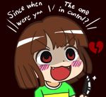 :d androgynous blush_stickers broken_heart brown_background brown_hair chara_(undertale) chibi empty_eyes english fangs glint gyate_gyate knife lowres open_mouth red_eyes shaded_face shirt simple_background smile solo spoilers striped striped_shirt tareme teeth undertale upper_body v-shaped_eyebrows yaruky 
