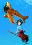 1girl a5m aircraft airplane black_hair blush broom broom_riding day flying glasses ground_vehicle hakama inui_(jt1116) japanese_clothes looking_at_another looking_at_viewer machinery miko motion_blur motor_vehicle open_mouth original outdoors pilot propeller red_hakama riding short_hair sidesaddle sky witch 