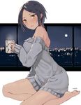  artist_name bad_id bad_pixiv_id bangs bare_legs bare_shoulders barefoot blue_hair blush breasts city_lights cityscape coffee coffee_mug cup full_moon hayami_kanade highres holding holding_cup idolmaster idolmaster_cinderella_girls indoors lights long_sleeves looking_at_viewer medium_breasts moon moonlight mug night night_sky no_pants off-shoulder_sweater outside_border parted_bangs seiza short_hair signature simple_background sitting sky sleeves_past_wrists smile soles solo steam sweater toes tsurime uni_(melm) white_background window yellow_eyes 
