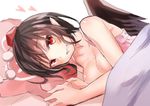  :d amamitsu_kousuke bare_shoulders bed_sheet black_hair black_wings blanket blush breasts camisole cleavage collarbone grin hat heart lying medium_breasts on_side open_mouth pillow pointy_ears pom_pom_(clothes) red_eyes red_hat shameimaru_aya short_hair simple_background smile solo tareme teeth tokin_hat touhou upper_body white_background wings 