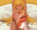  as109 bakemonogatari barefoot bed blonde_hair blush cropped long_hair monogatari_(series) oshino_shinobu waifu2x yellow_eyes 