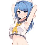  armpits arms_up bad_id bad_pixiv_id blue_eyes blue_hair blush breasts crop_top crop_top_overhang double_bun hat hona_(pixiv7939518) kantai_collection looking_at_viewer medium_breasts midriff pout sleeves_rolled_up solo urakaze_(kantai_collection) white_hat yellow_neckwear 