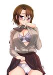  bra brown_hair cameltoe glasses highres original pink_eyes short_hair simple_background skirt skirt_lift solo tokihama_jirou toraichi_kyouko underwear wavy_mouth white_background 