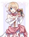  ahoge arms_up blonde_hair blue_eyes book choker detached_sleeves dress eyebrows eyebrows_visible_through_hair fingerless_gloves gloves gown hair_ribbon lettice_allemande looking_at_viewer official_art one_eye_closed open_mouth pink_dress ribbon senritsu_no_majutsushi_to_goteijuu shirako_miso short_hair smile solo_focus translated white_gloves 