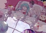  :o bangs bed blanket blonde_hair blue_hair blush bow button_eyes closed_eyes closed_mouth couple danjou_sora day eyebrows_visible_through_hair frilled_pillow frills from_above hatsune_miku holding_hands indoors long_hair mayu_(vocaloid) multiple_girls on_bed open_mouth pillow pink_bow profile red_bow sleeping sparkle sphere stuffed_animal stuffed_bunny stuffed_toy sunlight twintails under_covers usano_mimi vocaloid yuri 