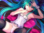  armpits bad_id bad_pixiv_id garter_straps green_eyes green_hair hatsune_miku highres lace lace-trimmed_panties lace-trimmed_thighhighs long_hair lying mellchi on_back one_eye_closed panties solo thighhighs twintails underwear very_long_hair vocaloid white_panties world_is_mine_(vocaloid) 