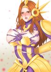  :o absurdres armor blush bodysuit bound bound_wrists breasts broken_armor brown_eyes bursting_breasts covered_navel embarrassed gradient gradient_background hand_on_hip headdress headgear highres huieii large_breasts league_of_legends leona_(league_of_legends) long_hair looking_at_viewer nipples nose_blush one_breast_out open_mouth orange_hair simple_background skindentation solo tears torn_bodysuit torn_clothes 