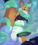  2019 anthro balls big_balls big_penis black_penis canid canine dipstick_tail ejaculation flashingfox_(character) fox fur girly gloves_(marking) glowing green_fur green_hair hair handless hi_res latex_crop_top latex_leggings male mammal markings multicolored_tail nude orange_fur orgasm penetration penis restrained restraints rubber slime socks_(marking) solo tears teenager tentacles tongue tongue_out ultrabondagefairy uncut white_balls white_fur young 