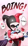  batman_(series) blue_eyes breasts dc_comics domino_mask harley_quinn hat jester_cap mask neocoill nipples pale_skin solo_focus the_joker 