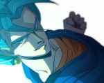  1boy blue_eyes blue_hair blurry close-up depth_of_field dragon_ball dragon_ball_super dragonball_z dutch_angle earrings face from_above grin jewelry looking_away male_focus potara_earrings shaded_face simple_background smile spiked_hair super_saiyan_blue tako_jirou upper_body vegetto white_background 