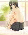  breasts brown_hair green_eyes hinoshita_akame idolmaster idolmaster_cinderella_girls large_breasts leg_hug long_hair looking_back shibuya_rin sideboob skirt solo topless 