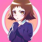  :o bangs brown_eyes brown_hair eyebrows hands_on_own_chest hands_together ilya_kuvshinov long_sleeves looking_at_viewer mikakunin_de_shinkoukei mitsumine_mashiro open_mouth own_hands_together pink_background short_hair simple_background solo sweater thick_eyebrows upper_body v-shaped_eyebrows 