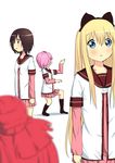  akaza_akari black_hair blonde_hair blue_eyes bow double_bun funami_yui hair_bobbles hair_bow hair_bun hair_intakes hair_ornament highres long_hair multiple_girls nanamori_school_uniform pink_hair red_hair refalice school_uniform serafuku short_hair toshinou_kyouko twintails yoshikawa_chinatsu yuru_yuri 