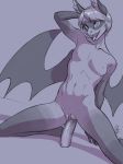  2018 absurd_res anthro breasts chiropteran digital_media_(artwork) dildo dildo_sitting facial_markings female front_view hair hand_behind_head hi_res inner_ear_fluff kneeling ldr mammal markings mask_(marking) masturbation monochrome navel nipples nude open_mouth penetration piercing purple_background pussy sex_toy short_hair signature simple_background small_breasts solo tongue tongue_out tongue_piercing vaginal vaginal_masturbation vaginal_penetration wings 