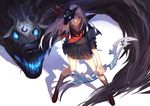  animal blue_eyes bow_(weapon) dj.adonis fire kindred lamb_(character) league_of_legends long_hair mask seifuku skirt tattoo weapon white_hair wolf 