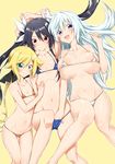  :d arms_up bare_shoulders bikini black_hair blonde_hair blue_bikini blue_eyes blush breasts brown_eyes cameltoe collarbone flat_chest from_above girl_sandwich green_eyes hair_ornament hair_ribbon hairclip hand_under_clothes large_breasts leg_up long_hair lying micro_bikini midriff multiple_girls navel on_back open_mouth orange_bikini ore_twintail_ni_narimasu ribbon sandwiched shindou_erina silver_hair simple_background smile swimsuit thigh_gap tsube_aika twintails twoearle white_bikini x_hair_ornament yellow_background yuto_(dialique) 