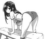  all_fours blush bra buruma greyscale gym_uniform long_hair looking_at_viewer looking_back monochrome original simple_background solo underwear upshirt white_background zaxwu 