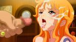  1girl after_fellatio blush brown_eyes censored cum cum_in_mouth cum_on_hair door facial game_cg highres indoors long_hair looking_at_another map mosaic_censoring nami_(one_piece) nude one_piece open_mouth orange_hair penis solo_focus standing tattoo tongue upper_body wall yamamoto_doujin 