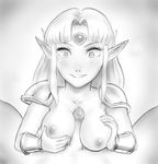  1girl a_link_between_worlds areolae blush breasts collarbone gradient gradient_background monochrome nintendo nipples paizuri penis pointy_ears pov princess_zelda righteoustea the_legend_of_zelda the_legend_of_zelda:_a_link_between_worlds tiara uncensored 