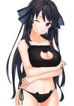  ao_no_kanata_no_four_rhythm bad_id bad_pixiv_id bell bell_choker black_bra black_hair black_panties blush bra breasts cat_cutout cat_ear_panties cat_lingerie choker cleavage_cutout hair_ribbon harumaki_haruki highres large_breasts long_hair meme_attire one_eye_closed panties purple_eyes ribbon side-tie_panties smile solo tobisawa_misaki underwear underwear_only 