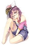  bad_id bad_pixiv_id bare_shoulders barefoot between_legs black_eyes character_name closed_mouth dr._slump full_body glasses hand_between_legs hat head_tilt highres long_hair looking_at_viewer neko_sensha norimaki_arale overalls purple_hair red-framed_eyewear semi-rimless_eyewear short_sleeves simple_background sitting smile solo suspenders white_background 