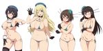  atago_(kantai_collection) bangs beret bikini black_gloves black_hair black_legwear blonde_hair blue_bikini blue_eyes blush breast_hold breasts brown_hair choker choukai_(kantai_collection) cleavage collar collarbone cowboy_shot curvy gloves green_bikini hair_between_eyes hat highres kantai_collection large_breasts long_hair looking_at_viewer maya_(kantai_collection) micro_bikini mini_hat multiple_girls navel one_eye_closed open_mouth plump red_eyes remodel_(kantai_collection) sama_samasa short_hair side-tie_bikini sidelocks simple_background skindentation smile standing swimsuit takao_(kantai_collection) tears thigh_gap thighhighs thighs underboob waving white_background wrist_cuffs 