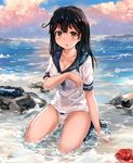  breast_hold cleavage kantai_collection maki_pei pantsu see_through seifuku signed ushio_(kancolle) wet wet_clothes 