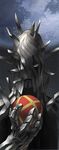  ball expressionless holding jiken kazuma_kaneko male_focus moon official_art solo spikes spot_color 