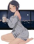  artist_name bangs bare_legs bare_shoulders barefoot blue_hair blush breasts city_lights cityscape coffee coffee_mug cup full_moon hayami_kanade highres holding holding_cup idolmaster idolmaster_cinderella_girls indoors lights long_sleeves looking_at_viewer medium_breasts moon moonlight mug night night_sky no_pants off-shoulder_sweater outside_border parted_bangs seiza short_hair signature simple_background sitting sky sleeves_past_wrists smile soles solo steam sweater toes tsurime uni_(melm) white_background window yellow_eyes 