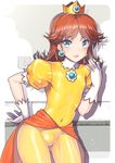  :d ?_block adapted_costume blue_eyes blush bodysuit brooch brown_hair contrapposto covered_navel cowboy_shot crown earrings flat_chest gem gloves hand_on_hip jewelry long_hair looking_at_viewer mario_(series) nagase_haruhito open_mouth overskirt playing_with_own_hair princess_daisy puffy_short_sleeves puffy_sleeves short_sleeves skin_tight smile solo standing super_mario_bros. white_gloves yellow_bodysuit 