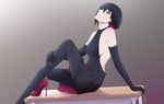  aliasing black_eyes black_hair dress elbow_gloves j_adsen monogatari_(series) oshino_ougi owarimonogatari pantyhose short_hair sideboob 