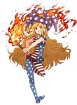  american_flag_dress american_flag_legwear blonde_hair clownpiece fire frilled_shirt_collar frills full_body grin hat holding jester_cap leg_up long_hair no_shoes pantyhose polka_dot red_eyes sharp_teeth short_sleeves simple_background smile solo striped striped_legwear teeth torch touhou urin very_long_hair wavy_hair white_background 