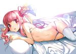  ajishio breasts hair_ornament hair_ribbon kotonoha_akane long_hair looking_at_viewer lying navel on_side open_mouth pillow pink_eyes pink_hair ribbon skindentation small_breasts solo thighhighs underwear underwear_only very_long_hair voiceroid white_legwear 