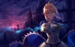 armor blonde_hair building clouds fate/stay_night fate_(series) green_eyes haraguroi_you magic saber sky 