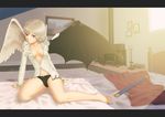  angel_wings asymmetrical_wings barefoot bed bed_sheet black_panties breasts commentary_request feathered_wings fireplace holding holding_sword holding_weapon kishin_sagume legs letterboxed light light_particles long_sleeves looking_at_viewer no_bra nuwara_eliya panties photo_(object) prosthetic_wing red_eyes scabbard sheath shirt short_hair silver_hair small_breasts smile solo sword thighs toes touhou underwear weapon wings 