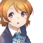  :o bad_id bad_pixiv_id blonde_hair blue_bow blue_neckwear blush bow bowtie brown_hair close-up collared_shirt highres koizumi_hanayo looking_at_viewer love_live! love_live!_school_idol_project open_mouth purple_eyes ranf round_teeth shirt short_hair simple_background solo tareme teeth upper_body white_background white_shirt 