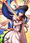  blue_hair dress food frilled_dress frills fruit grin hat highres hinanawi_tenshi long_hair mefomefo peach red_eyes smile solo sword sword_of_hisou teeth touhou weapon 