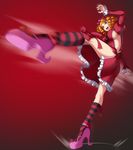  :d absurdres artist_request ass blonde_hair blue_eyes breasts dress drill_hair full_body gaap high_heels highres juliet_sleeves kicking kneehighs large_breasts leg_up long_sleeves motion_blur no_bra no_panties official_art open_mouth puffy_sleeves red_background red_dress roundhouse_kick side_slit sideboob simple_background smile solo standing standing_on_one_leg striped striped_legwear teeth thighs tongue umineko_no_naku_koro_ni v-shaped_eyebrows 