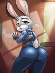  butt clothing cogbrony disney female judy_hopps lagomorph mammal presenting rabbit seductive solo uniform zootopia 