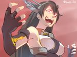  armpits baffu bared_teeth black_hair commentary constricted_pupils crazy_eyes elbow_gloves face fingerless_gloves gloves glowing glowing_eyes hands highres kantai_collection long_hair nagato_(kantai_collection) open_mouth parody promotions red_eyes solo tokyo_ghoul twitter_username 