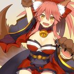  bare_shoulders bell bell_collar breasts cleavage collar fangs fate/grand_order fate_(series) gloves large_breasts long_hair paw_gloves paws pink_hair sanae_(satansanae) smile solo tamamo_(fate)_(all) tamamo_cat_(fate) yellow_eyes 