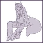  2014 anthro canine cargo_pants clothed clothing firefly8083 hair hoodie long_hair looking_at_viewer male mammal monochrome simple_background sitting smile solo white_background wolf wynter 