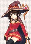  bandaged_leg bandages belt black_hair black_legwear black_panties blush cape collar collarbone fingerless_gloves gloves hat kono_subarashii_sekai_ni_shukufuku_wo! long_sleeves looking_at_viewer megumin open_mouth panties red_eyes short_hair solo staff tatsuno_(saya-tatsuno) thighhighs underwear white_background witch_hat 