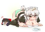  all_fours alternate_costume animal_ears black_legwear blush breasts broken_plate cake cleavage commentary crying crying_with_eyes_open d: dress enmaided fang fat food food_on_face food_on_head fruit green_panties hakurei_reimu hitotsubashi_inari icing inubashiri_momiji large_breasts maid mary_janes object_on_head open_mouth orange_eyes panties shoe_print shoes side-tie_panties silver_hair solo stepped_on strawberry streaming_tears tail tears thighhighs top-down_bottom-up touhou underwear uneven_eyes wolf_ears wolf_tail wrist_cuffs yukkuri_shiteitte_ne 